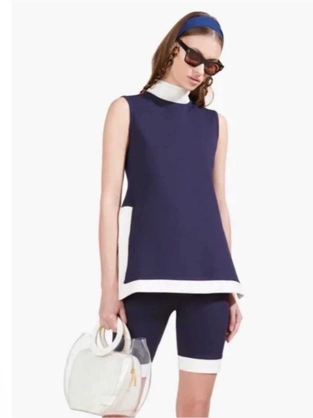 STAUD Navy and White Sleeveless Tunic with Shorts Set